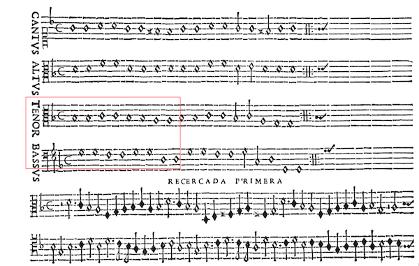 Diego Ortiz, *Recercada primera sobre tenores* *(tenor* part). *Trattado de glosas*, Rome 1553, p. 47 Diego Ortiz, *Recercada primera sobre tenores* *(tenor* part). *Trattado de glosas*, Rome 1553, p. 47