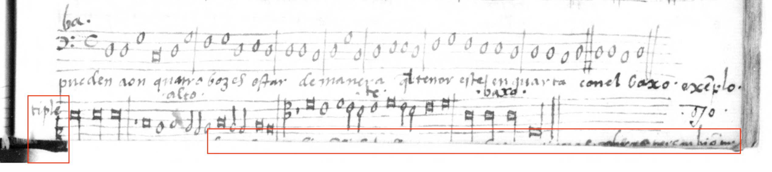 213 Example 77b, p. I-156 &ndash; Folio 58, bottom section. C1 clef and traces of missing text